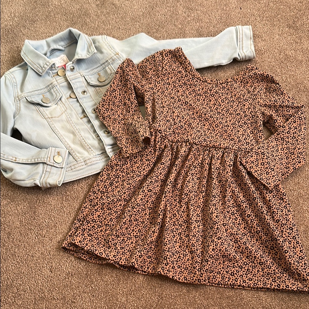 Brown Kids Dress with Denim Jacket 2T